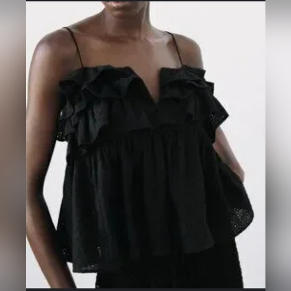 Zara NWT Black Ruffle Tank Top Womens Size Large - Picture 1 of 7